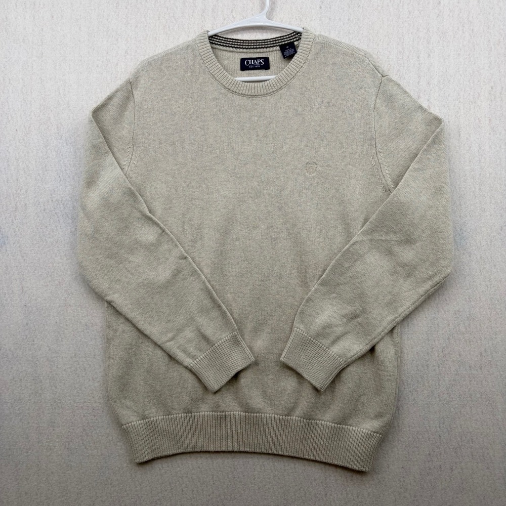 Chaps Mens Medium Beige Oatmeal Heather 100% Cotton Crewneck Sweater Knit Crest